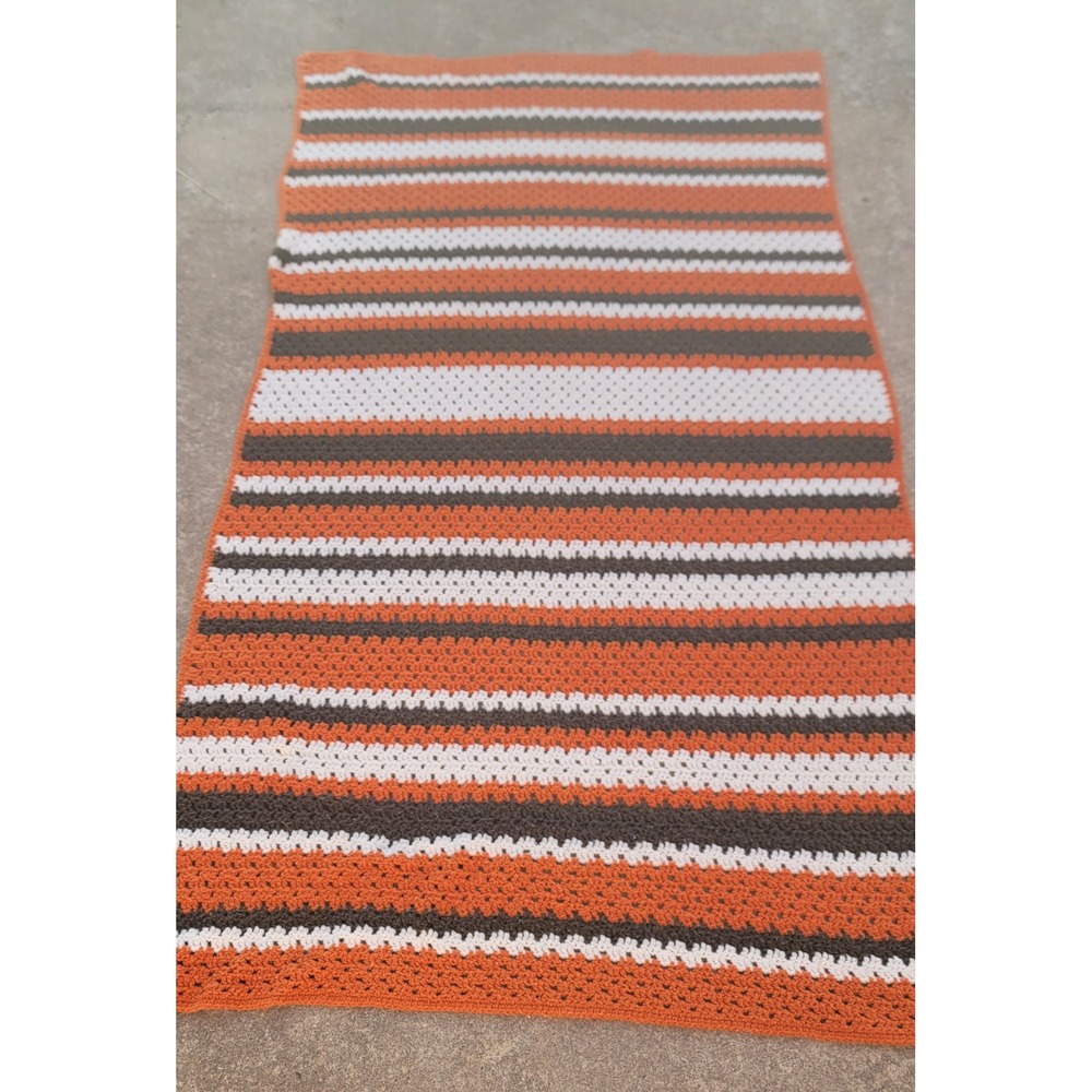 Handmade Crochet Afghan Blanket Orange White Brown Striped Granny Stitch 83x48